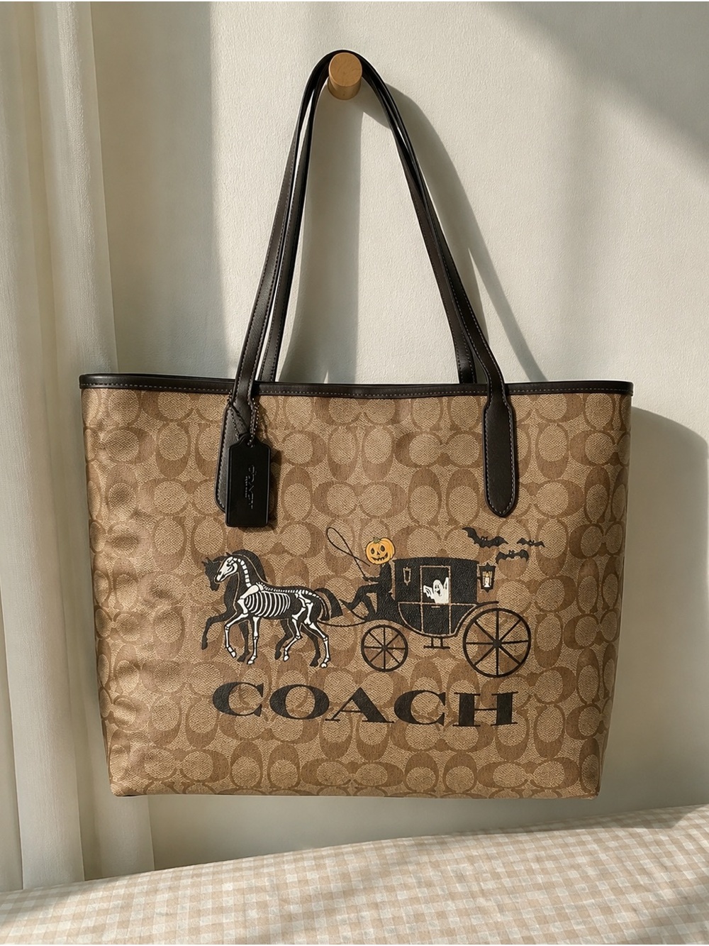 Coach Brown Signature Canvas Tote with Halloween Carriage Graphic - Picture 2 of 4